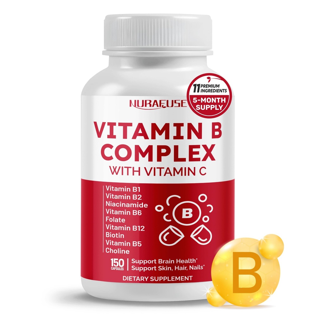 Vitamín B komplex Vitamín B1, B2, 6,9,12 Niacín, s vitamínom C - Podporte zdravie mozgu, energetickej hladiny, kože, vlasov a nechtov - vyrobené a testované v USA