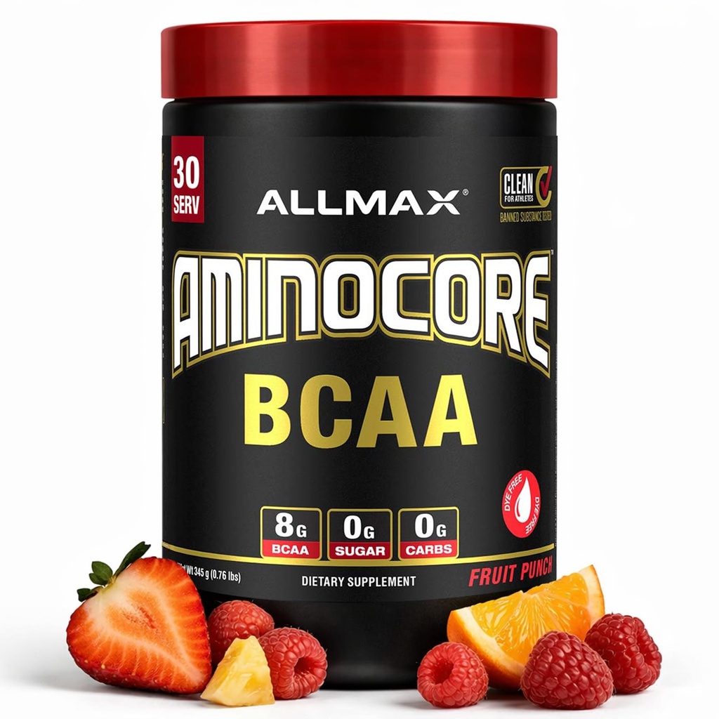 ALMMAX Nutrition AMINOCORE BCAA Powder, 8.18 Grams of Amino Acids, Intra and Post Workout Recovery Drink, Gluten free, Fruit Punch, 315 g
