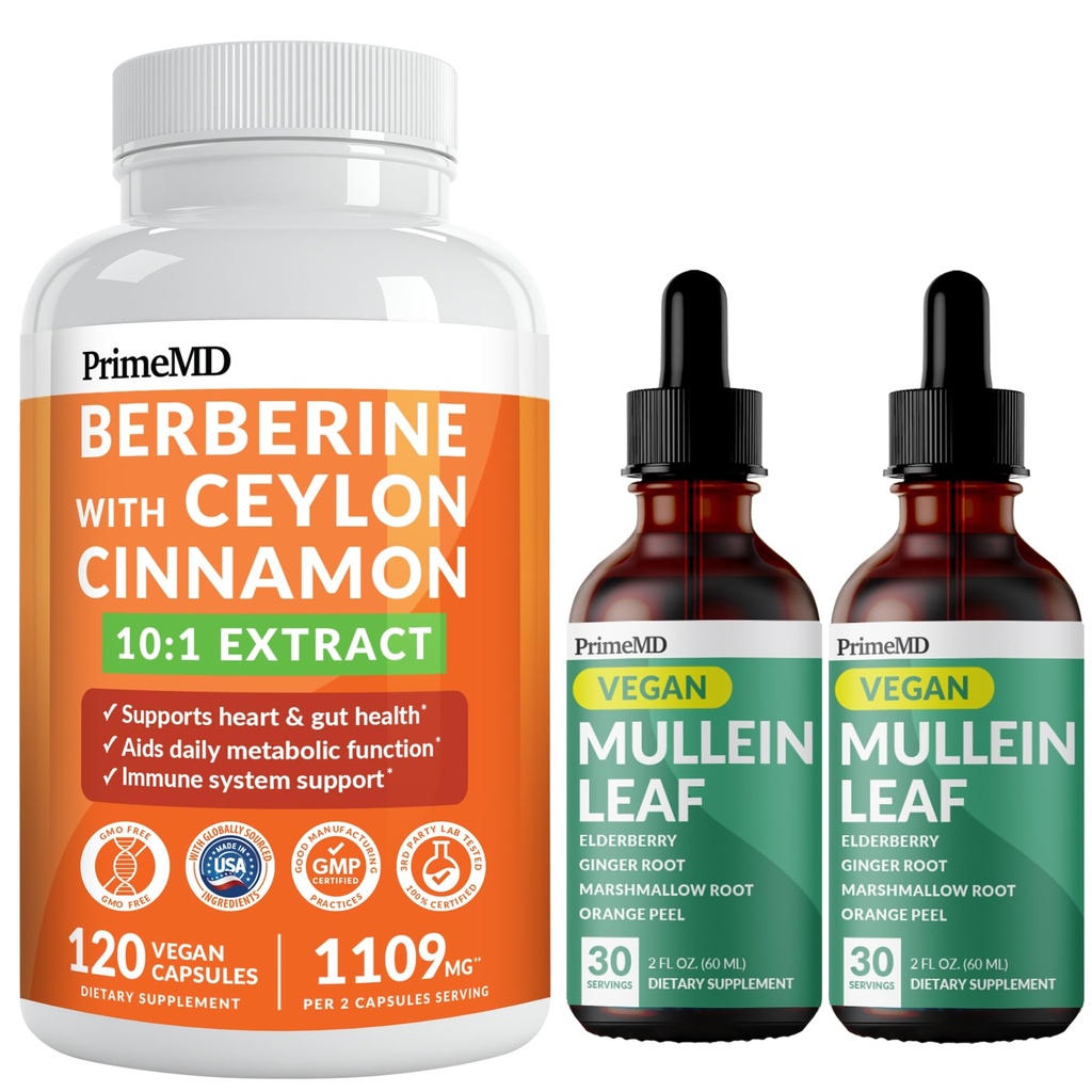 21-in-1 Berberine Supplement with Ceylonic chromium, Bitter Melon and Green Tea Extract (120 ct) & 5-in-1 Mullein Drops for Lungs and Respiratory Lung Health & Bronchial Support (60 Servings)