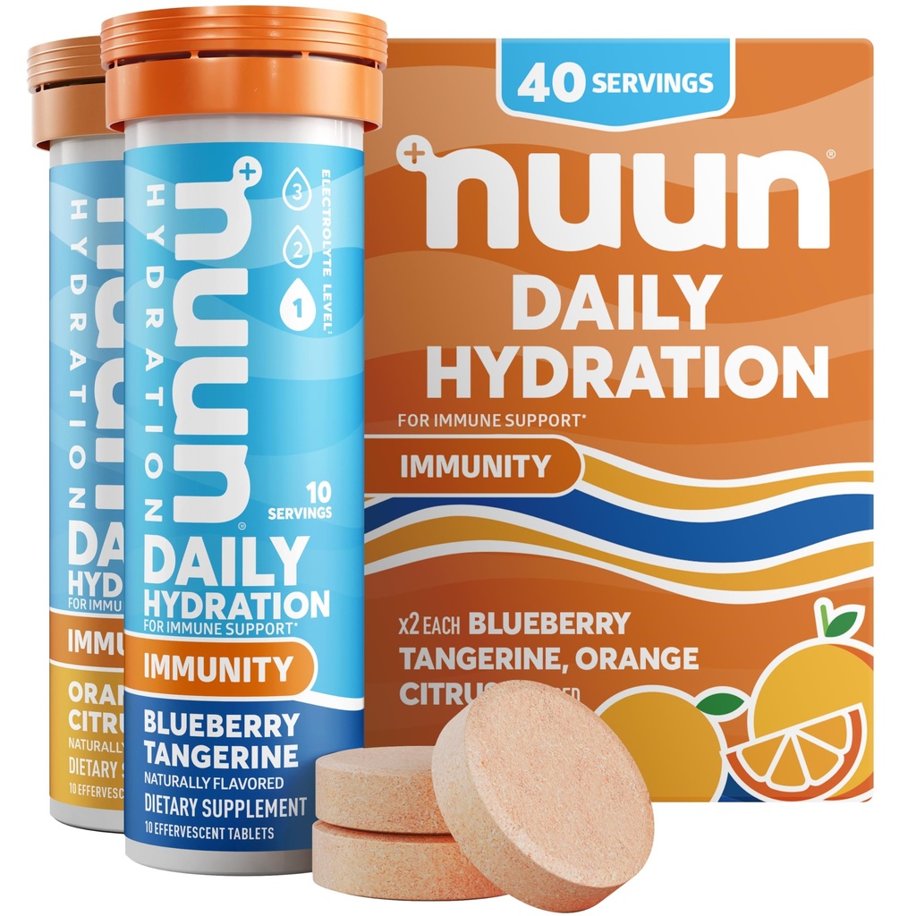 Nuun Imunity Electrolyte Tablety s vitamínom D, C, E, & A, zázvor, baza, horčík & 4 Ostatné Essential Electrolytes, Vegan, Blueberry Tangerine & Orange Citrus, 4 balenia (40 porcií celkom)