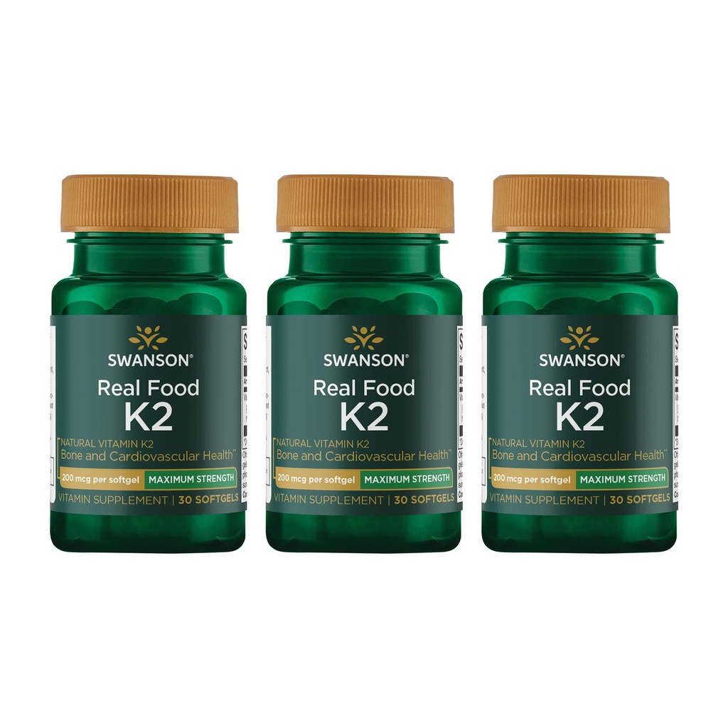 Swanson Maximálna sila Vitamín K2 (Menachinón-7)-vitamín doplnok Podpora Kardiovaskulárne a kostné zdravie-Vyrobené z japonskej Natto pomôcť regulovať vápnik (30 Softgels, 200mcg Každý) (3 balenie)