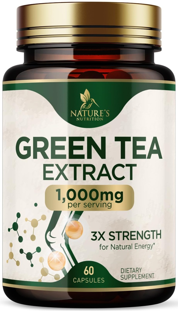 Zelený čaj extrakt Kapsule 1000 mg - Štandardizovaný 45% EGCG & 98% Polyfenoly - 3X Sila Zelený čaj Pilulky pre prírodnú energiu - podporuje zdravie srdca, bylinné doplnky, Vegan, Non-GMO - 60 Kapsule