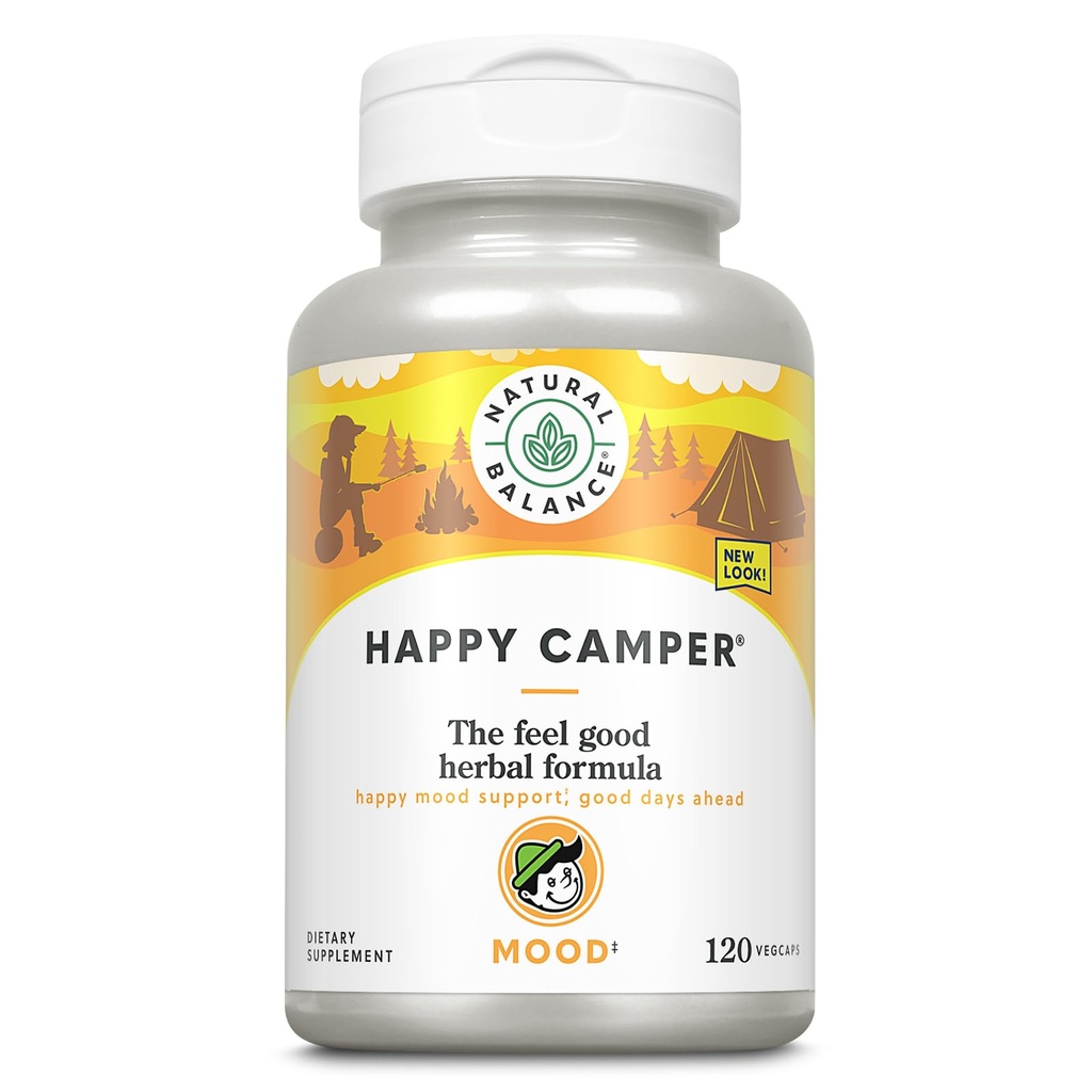 Prírodná rovnováha Happy Camper - Feel-Good Mood Suplement - Gotu Kola, Musion Flower, a Kava Kava Kapsule - 60-dňová záruka (120 Počet)