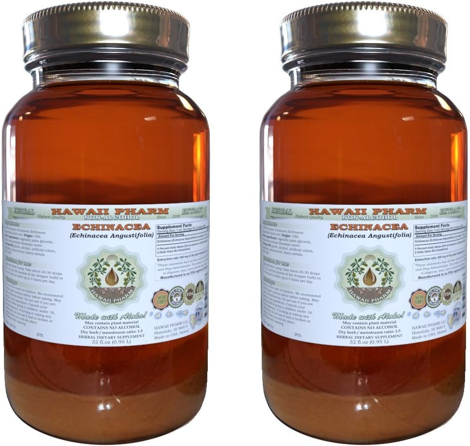 Echinacea Liquid Extract bez obsahu alkoholu, Echinacea (Echinacea Angustifolia) Sušený Root Glycerit Hawaii Pharm Natural Herbal Supplement 2x32 oz Nefiltrovaný