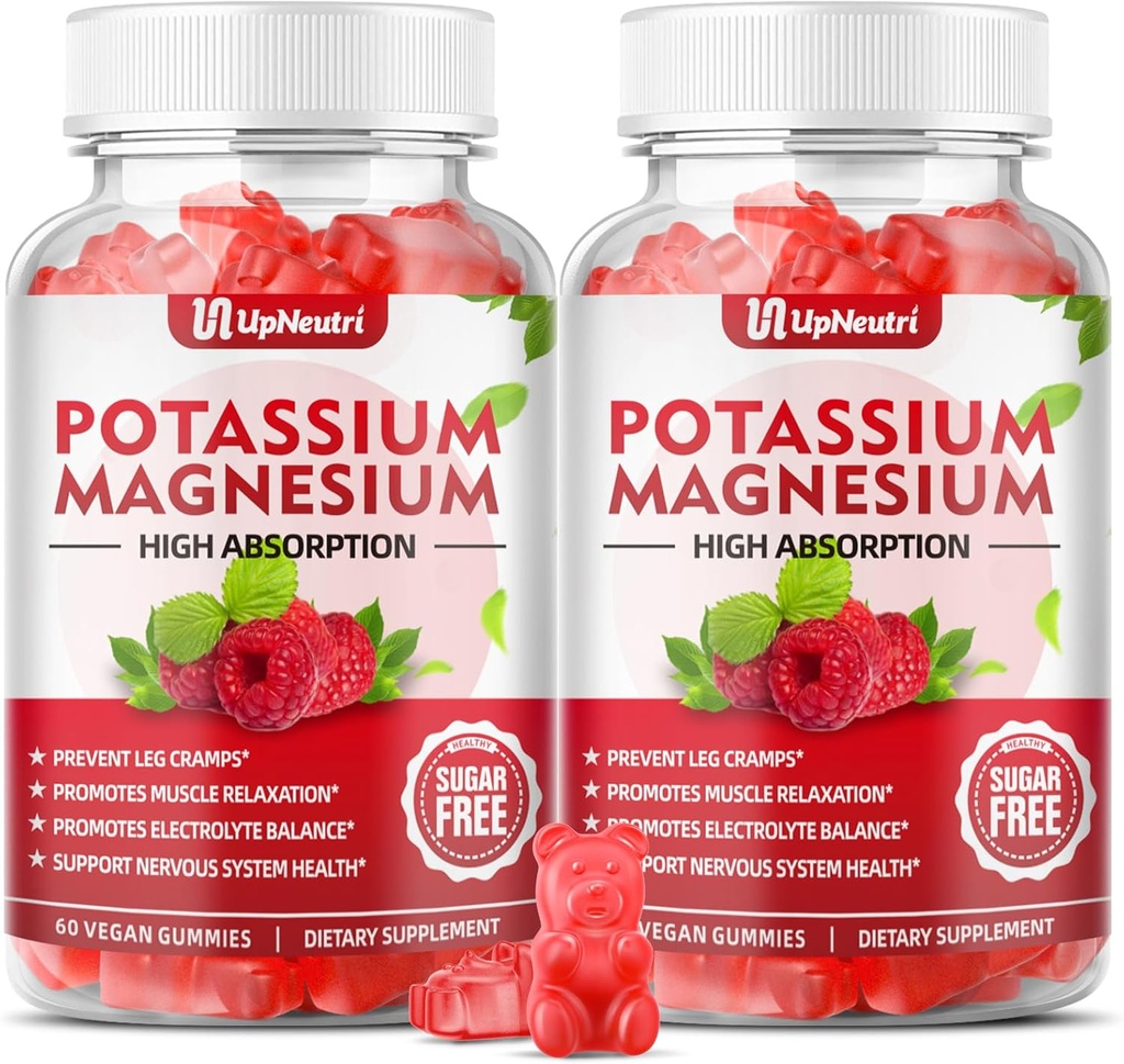 Kálium Magnézium Supplement Gumies pre dospelých Deti, bez cukru Kálium Gumies Podpora Noha Crumpy a svalovej hmoty a imunitného zdravia, Vysoká absorpcia Magnézové Gumičky Malinová chuť 120 Cts