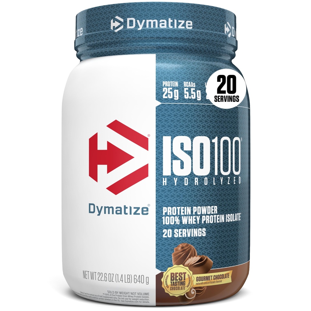 Dymatizovať ISO100 Srvátkový proteínový prášok Izolát, gurmánová čokoláda, 25 g proteínu, 20 slúžiacich, 5,5 g BCAA, menej ako 120 kalov, bez gluténu, 1g tuku, 1g cukru, 2g Carbu