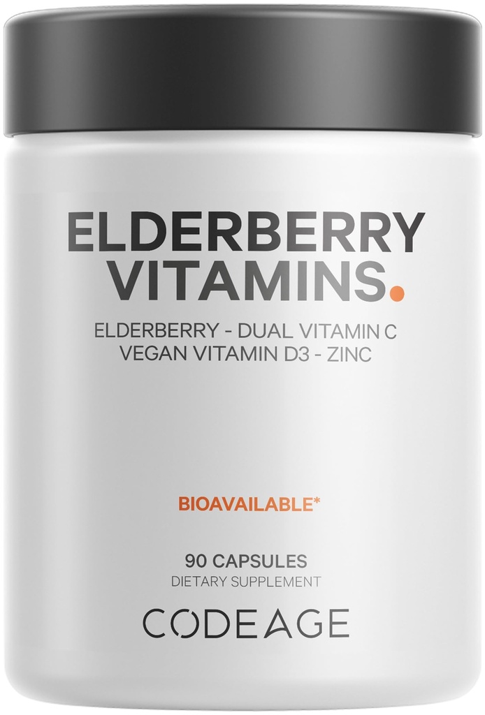 Codeage Vitamíny z bazy čiernej - Organická zmes fermentovaných plodov bazy čiernej, vitamín C z askorbovej kyseliny a organických acerolových čerešní, vitamín D3, zinok, sambucus berries - 90 kapsúl