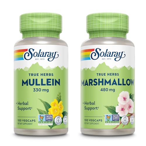 SOLARAY Mullein Leaf 330 mg and Marshmallow Root 480 mg - Wellness Bundle - Byliny s vysokým obsahom slizníc Rozpustné vlákno pre upokojujúce podporu - Vegan, non-GMO, Lab Overené, 60-Deň záruka, 200/100 VegCaps