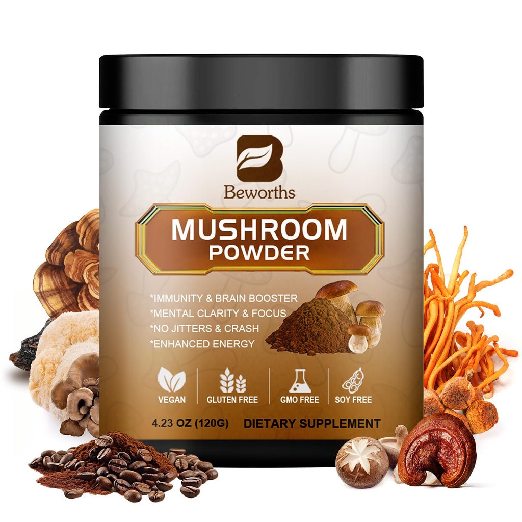 Hubová káva - Lions Mane Mushrom Powder Instant Coffee with Lion's Mane, Reishi, Chaga, Cordyceps a Turkey Tail - Mushrom Coffe Alternatíva pre energiu, duševná jasnosť a zameranie, Mozog Booster