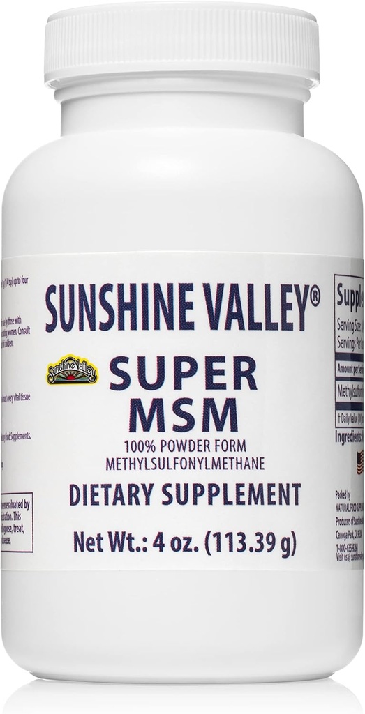 Sunshine Valley® Super MSM Supplement - Methylsulfonylmetán MSM Crystals Powder for Joint Support, Nails, Hair & Skin Health - 100% Pure Powder, Unflavred, Dietary Supplement - 4 oz