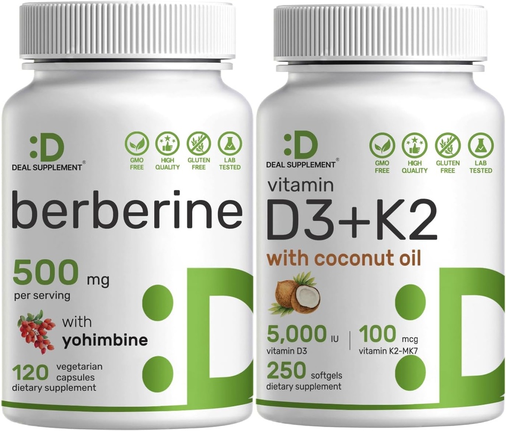 DEAL DOPLNOK Vitamín D3 5000iu + K2 100mcg Softgels & Berberine Supplement with Yohimbine Bundle 