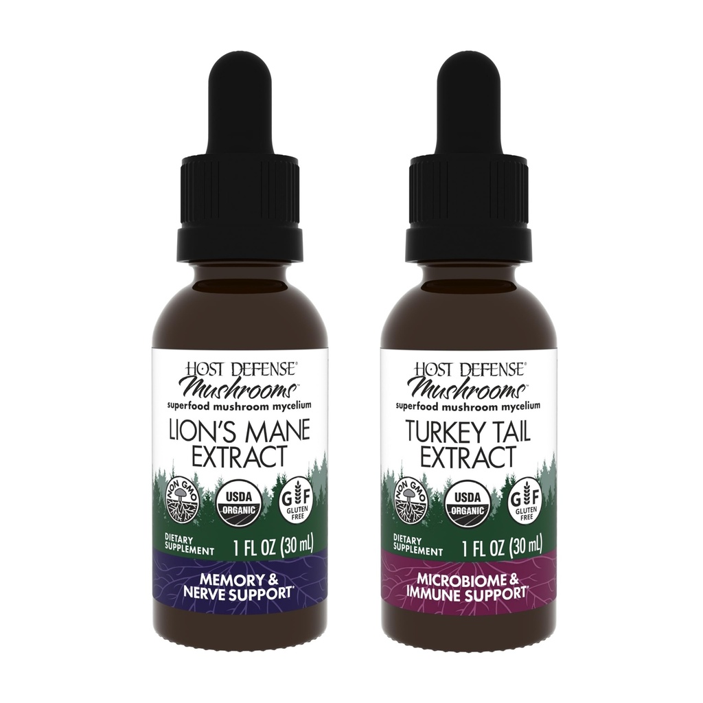 Host Defense Bundle with Lion's Mane Extract, 1 fl oz & Turkey Tail Extract, 1 fl oz - Support Brain Health, Memory & Focus - Support Tráviace zdravie a imunitná odpoveď