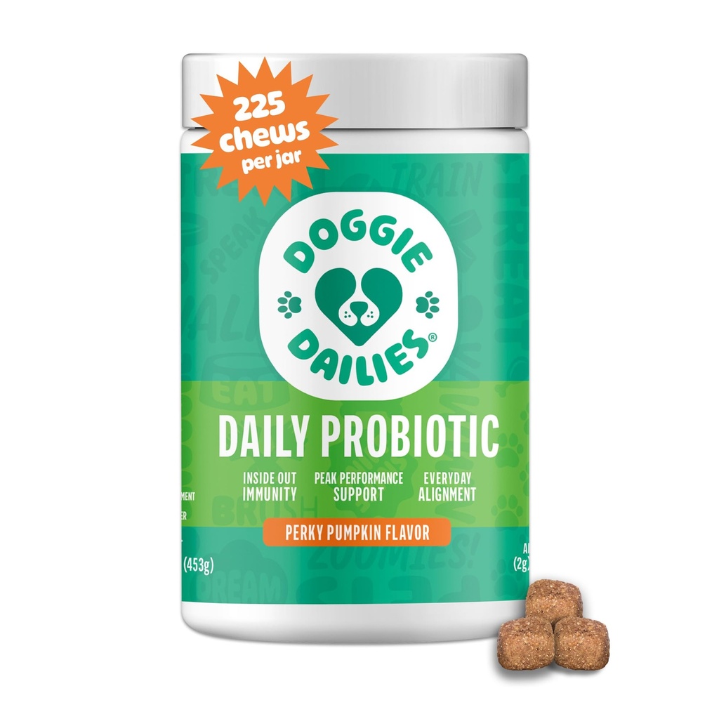 Doggie Dailies Probiotiká pre psy - Advanced Dog Probiotiká s prebiotikami - Podporuje trávenie zdravie - podporuje imunitný systém a celkové zdravie (Pumpkin) 225 mäkké žuvačky