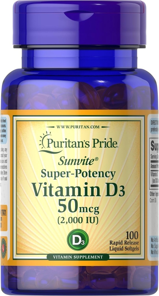 Puritánska pýcha Sunvite Super High Potency Vitamín D3 2000IU 100 Softgels