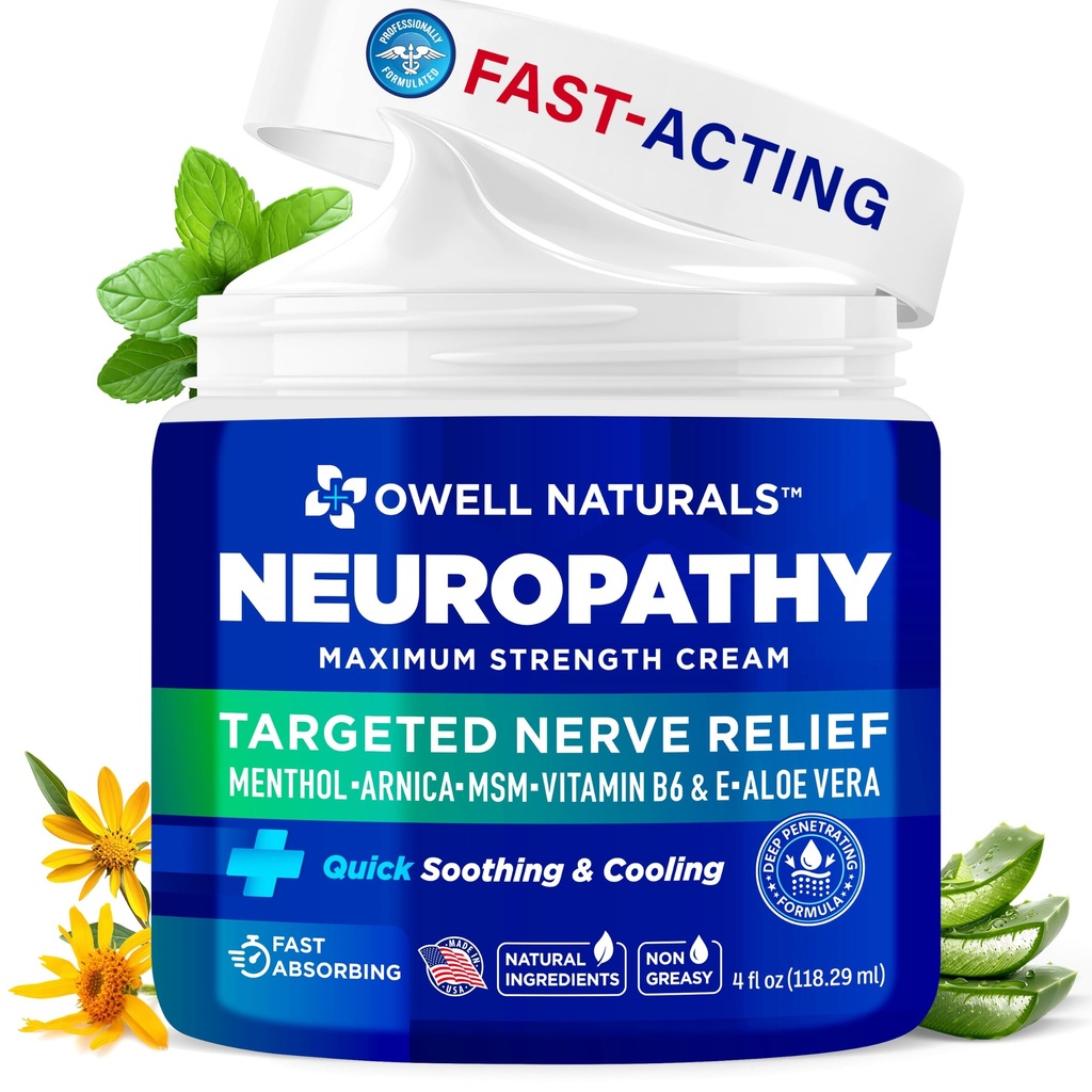 OWELL NATURALS Neuropatia krém Extra sila Nerve Relief krém pre nohy, ruky, nohy, prsty s Arnica, vitamín B6, Aloe Vera, MSM - Made in USA