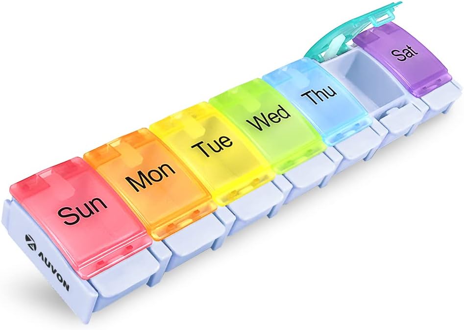 AUVON Týždenný pilulka Organizátor Artritída Friendly, BPA Free Travel 7 deň pilulky Box Prípad s jarným otvoreným dizajnom a veľké oddelenie držať vitamíny, Cod Liver Oil, Doplnky a lieky