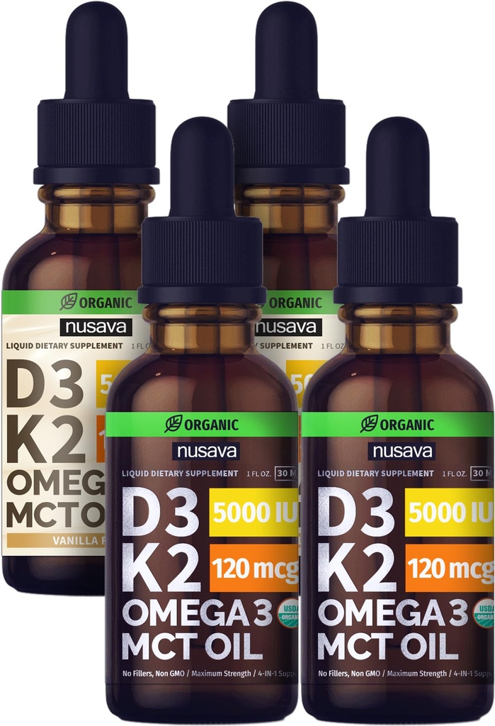 NUSAVA Neochutené D3 K2 tekuté kvapky a Vanilka ochutené D3 K2 tekuté kvapky Bundle - Silné kvapalné vitamíny pre srdce, kĺb, kosti, svalovina, & Imunitná podpora - non-GMO, Gluten-free, 2pk Každý