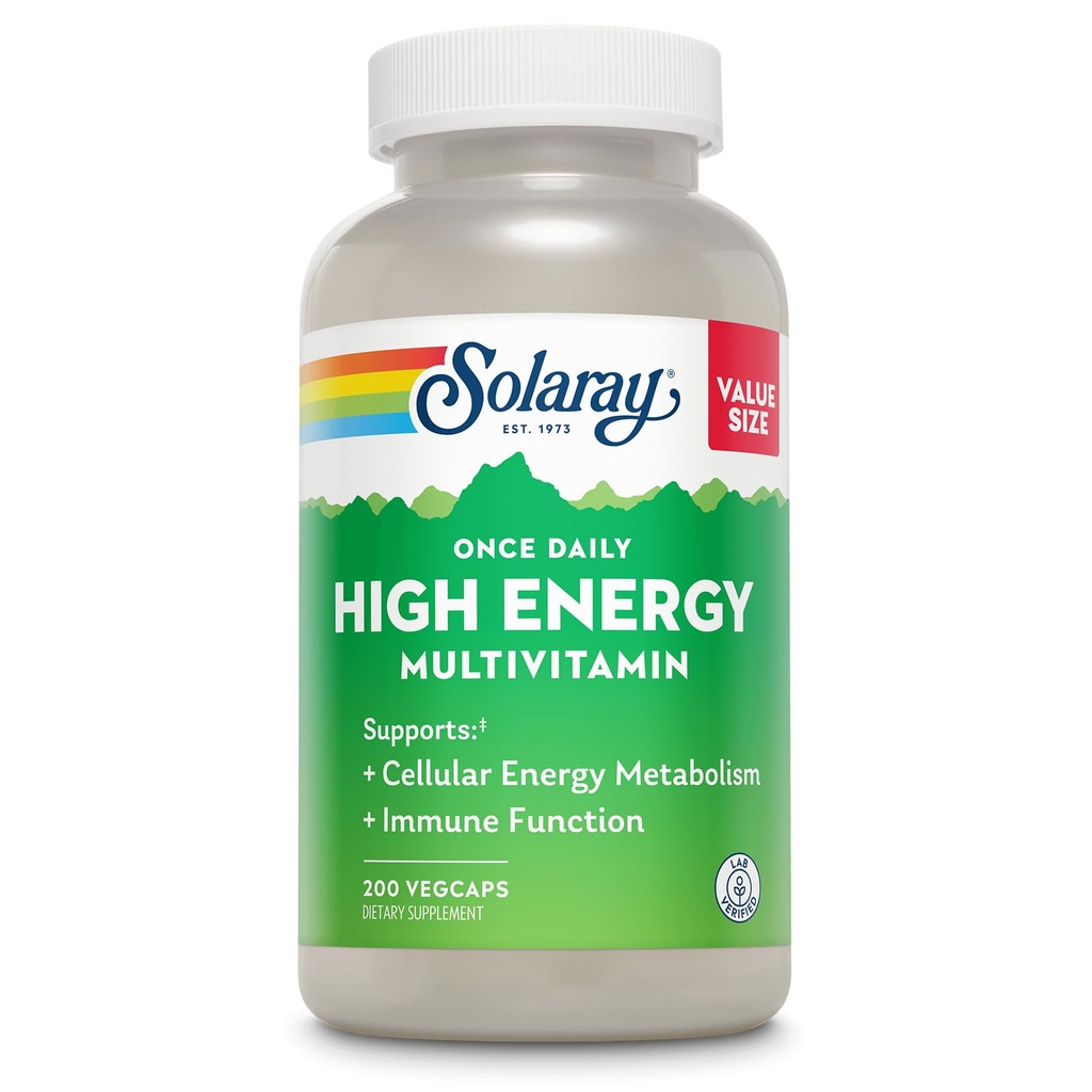 SOLARAY raz denne vysoký energetický multivitamín pre ženy a mužov - energetické doplnky - Imunitná podpora w/vitamín C, A, D a E, vitamín B komplex, stopové minerály, 60-dňová záruka, 200 Serv, 200 VegCaps