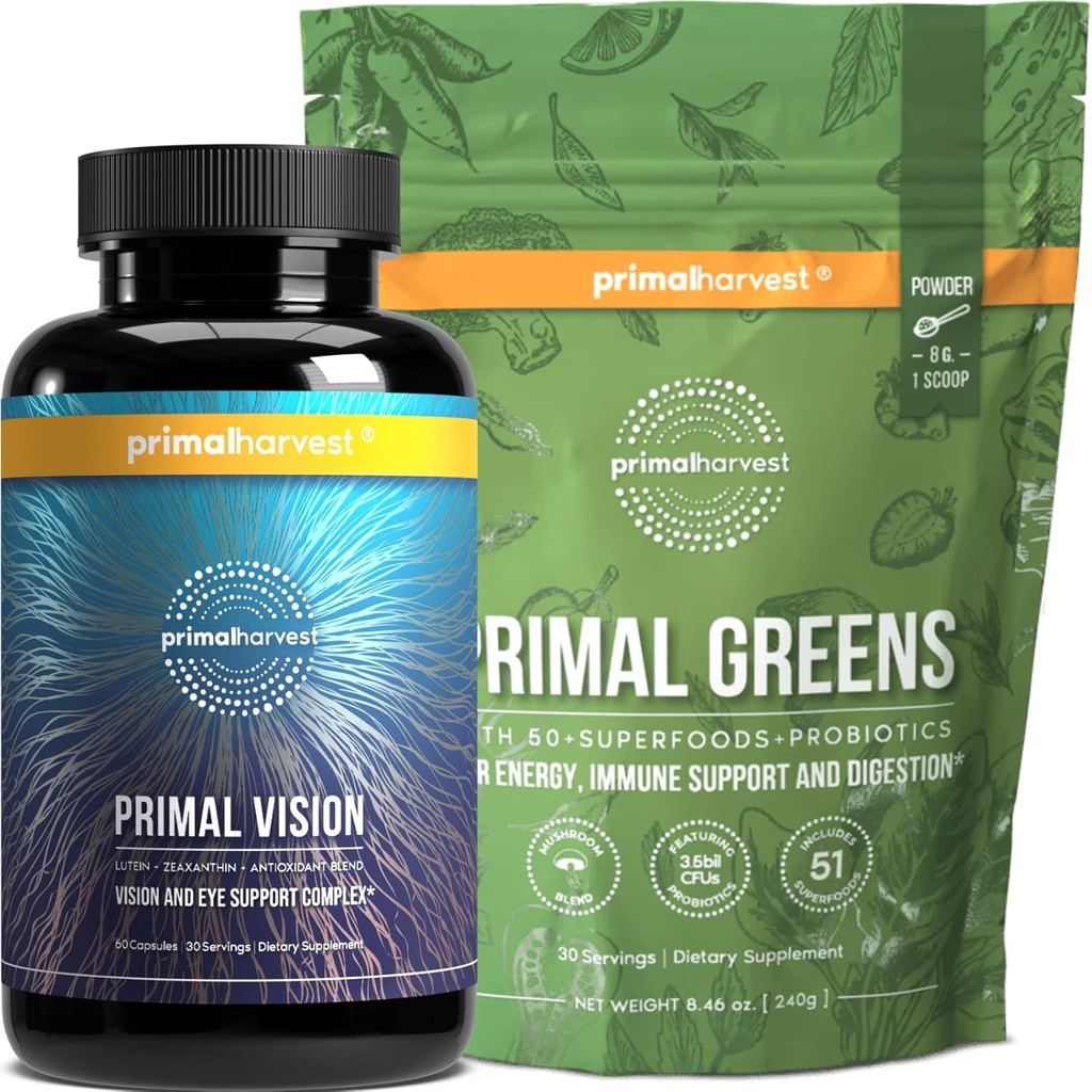 Primal Harvest Greens Powder & Vision Supplements for Women and Men Vision and Eye Support Complex with Lutein, Zeaxantin Bundle