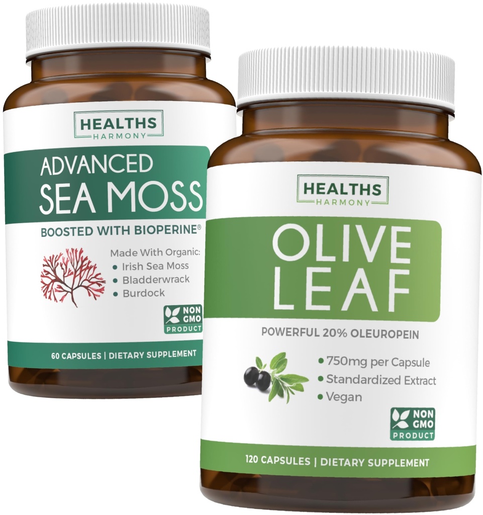 Sea Moss & Olive Leaf Extract (1-Month Supply) Olive Moss Blend - Organic Irish Sea Moss - Raw Vegan Supplement (60 Caps) & Olive Leaf Extract Super Sila: 20% Oleuropein - Vegetarián (120 Caps)