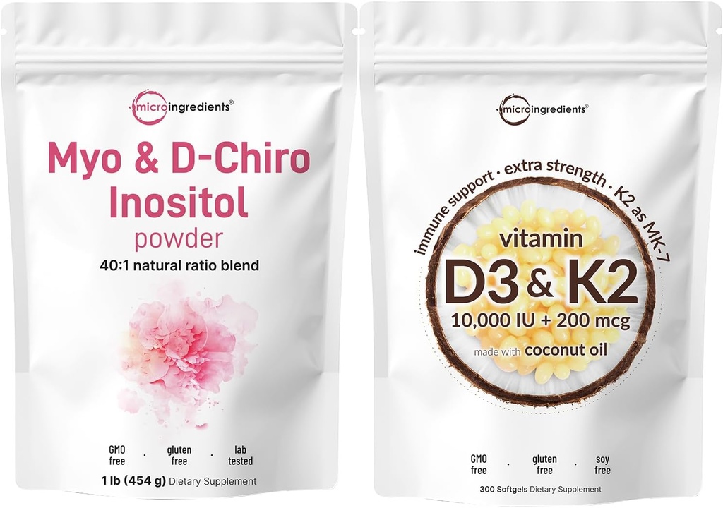 Micro Ingrediencie Vitamín D3 10 000iu + K2 200mcg Coconut Oil Softgels & Myo & D-Chiro Inositol Powder Bundle 2 Pack