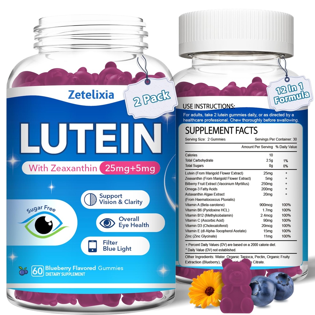 2 balenie Lutein Gummies, 12 v 1 luteín a Zeaxantin doplnky očné vitamíny Gummy pre dospelých, Očné zdravie doplnok s viacerými vitamínmi pre podporu očí a zraku - 120 Gummies