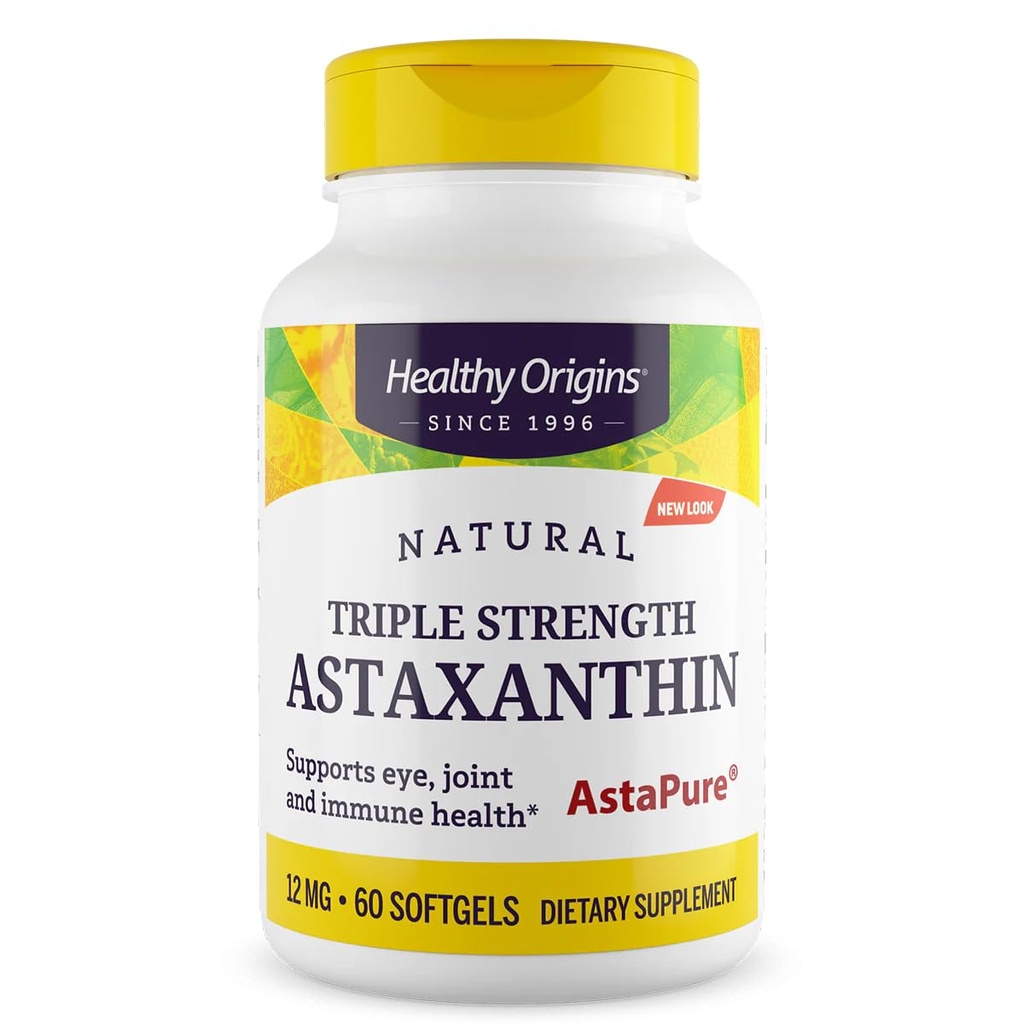 Zdravý pôvod Astaxantín 12 mg (Prírodný, Astapur, Trojitá sila, Non-GMO, Gluten Free, Podpora očí, Joint Support, Immune Support), 60 Softgels