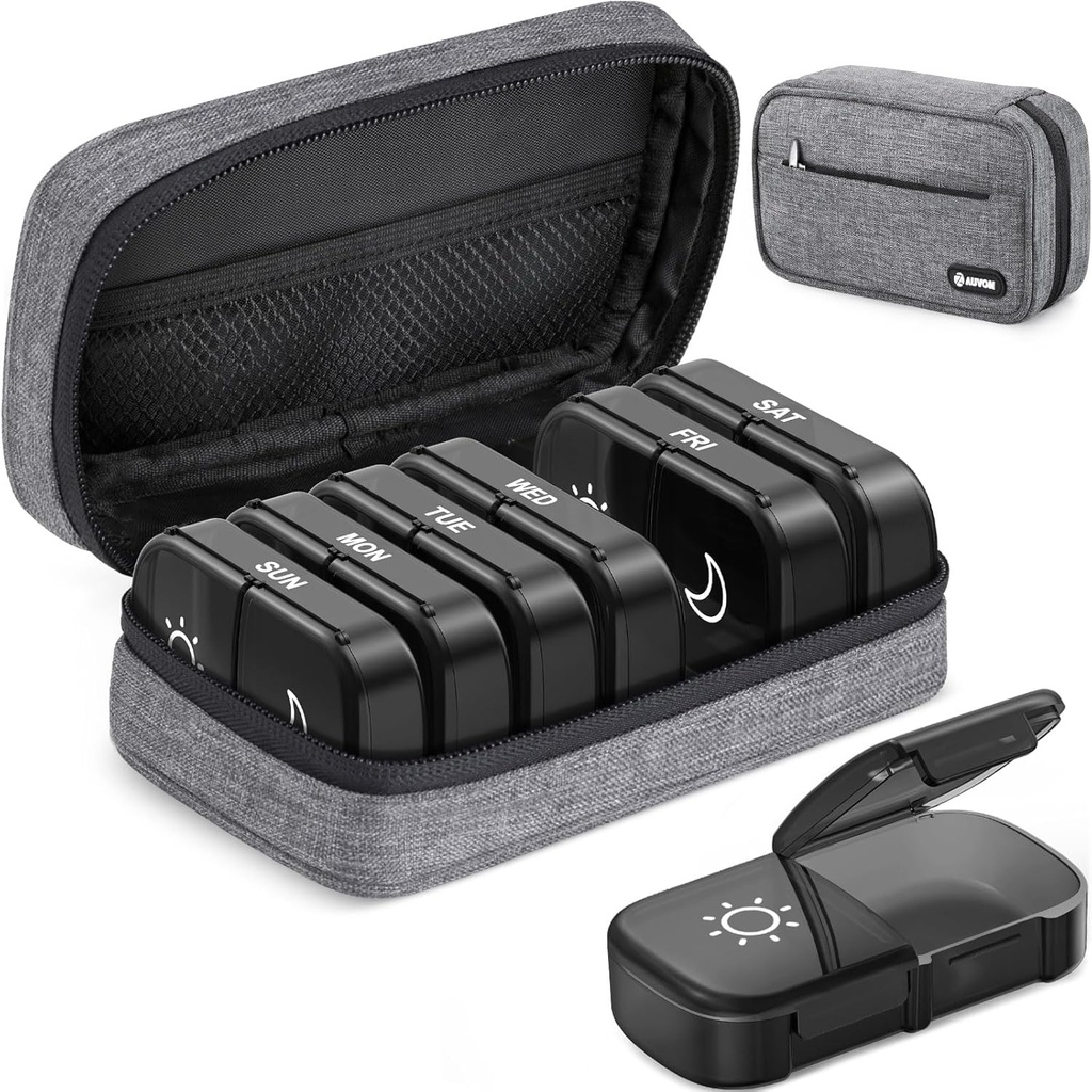 AUVON Canvas taška XL Týždenná pilulka Organizátor 2 Časy denne, Travel pilulky box 7 deň s jednostranné veľké otvorenie, AM PM pilulky Prípad s prenosným oblečenie taška pre doplnky, Vitamíny, rybie oleje