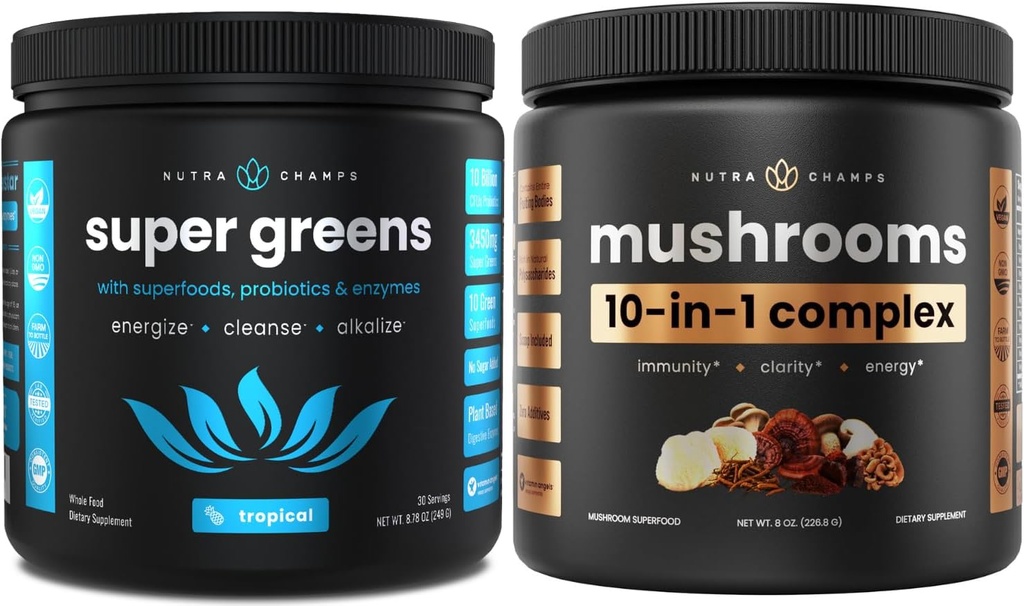 NutraChamps Super Greens Tropical & Super Huby: Konečný mozog, Gut & Body Boost