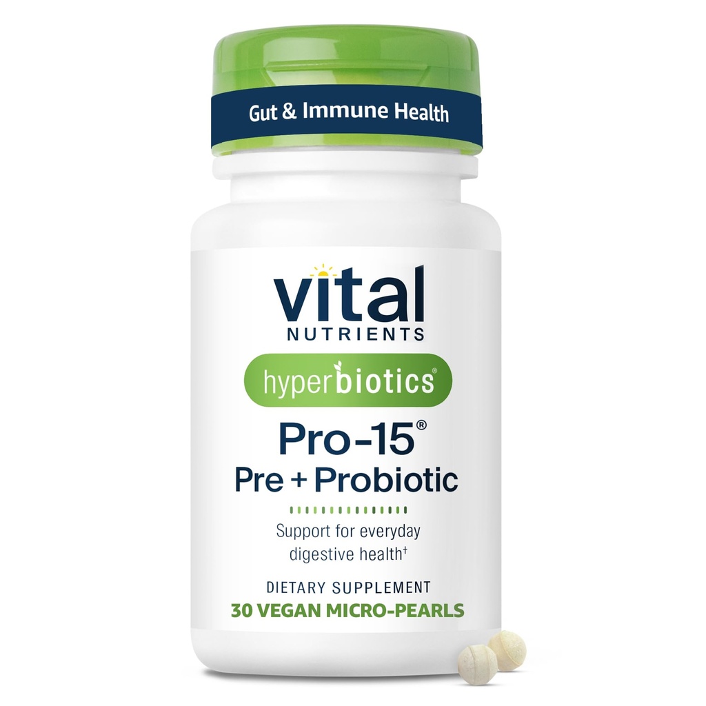 Hyperbiotiká Vital Nutrients Pro-15 Prebiotiká a probiotiká pre ženy a mužov 15 Veda Podporované kmene 