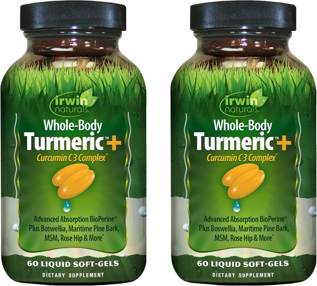 Irwin Naturals celé telo Turmerica + Curcumin C3 Complex - 60 Liquid Soft-Gels, balenie 2 - podporuje celobodový wellness - 60 celkom slúži