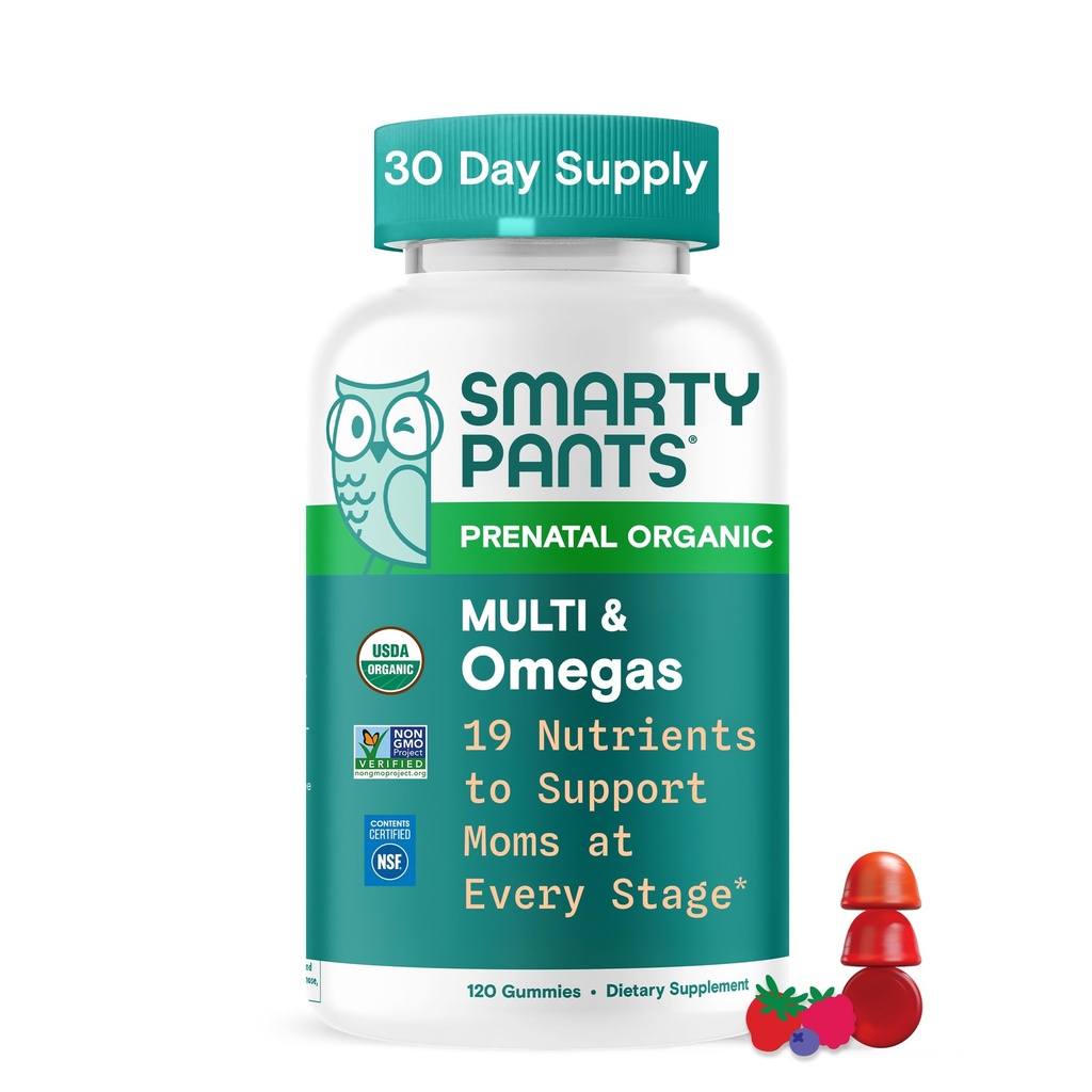 SmartyPants Organické prenatálne vitamíny pre ženy, multivitamínové Gummy: biotín, metylfolát, Omega 3 (ALA), vitamín D3, C, vitamín B12, B6, A, K2 a zinok, cholín, vegetarián, 120 Počet (30 dní)