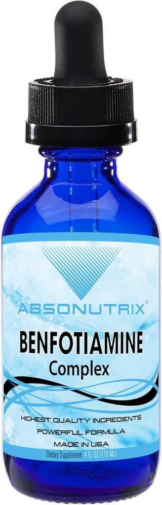 Absonutrix Benfotiamín Complex 300 mg, 4 Fl Oz fľaša, 200 Servings, Vysoká biologická dostupnosť, Silné zložky, rýchla absorpcia, Cruelty-free, Non-GMO, Third-Party tested, GMP-Certifikovaný, Vyrobené v USA