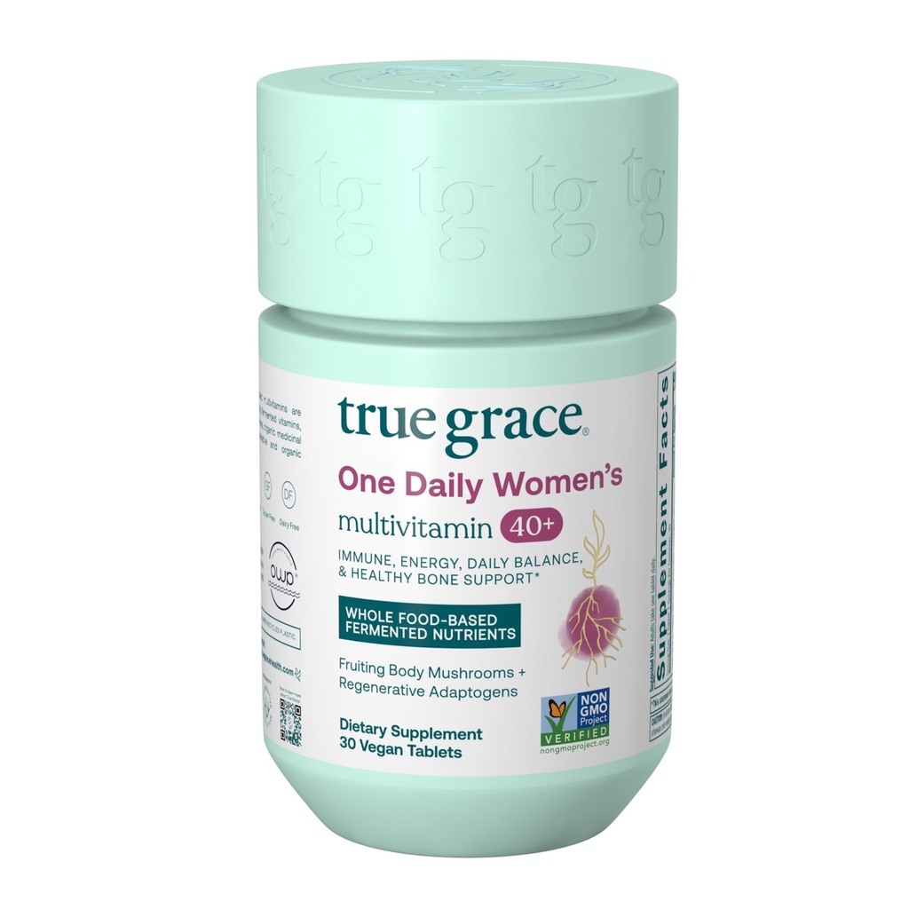 Pravá Grace Jeden deň Ženy Multivitamín 40+ Fermentované minerály, Organické adaptogény & Huby energie, Immune, Bone Support - Non-GMO - Železo, Gluten & Soy Free - 30 Vegan Tablety
