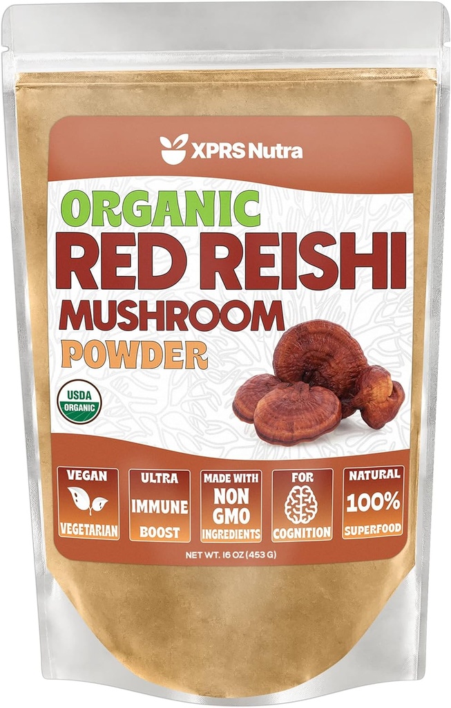 XPRS Nutra Organic Red Reishi Mušroom Powder - Premium Reishi Powder for Cognition - Vegan Reishi Huby pre dlhovekosť a energiu (16 Ounce)