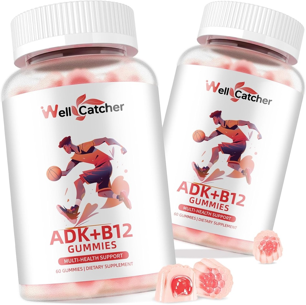 Vitamín ADK+B12 Gummy Doplnky: Vitamín D3 K2 (MK-7) s B12 pre ženy Žuvateľný Vegán Multivitamín Podpora kostného mozgu Immune kože srdce Cukor bez maliny Ochutené 2 balenia