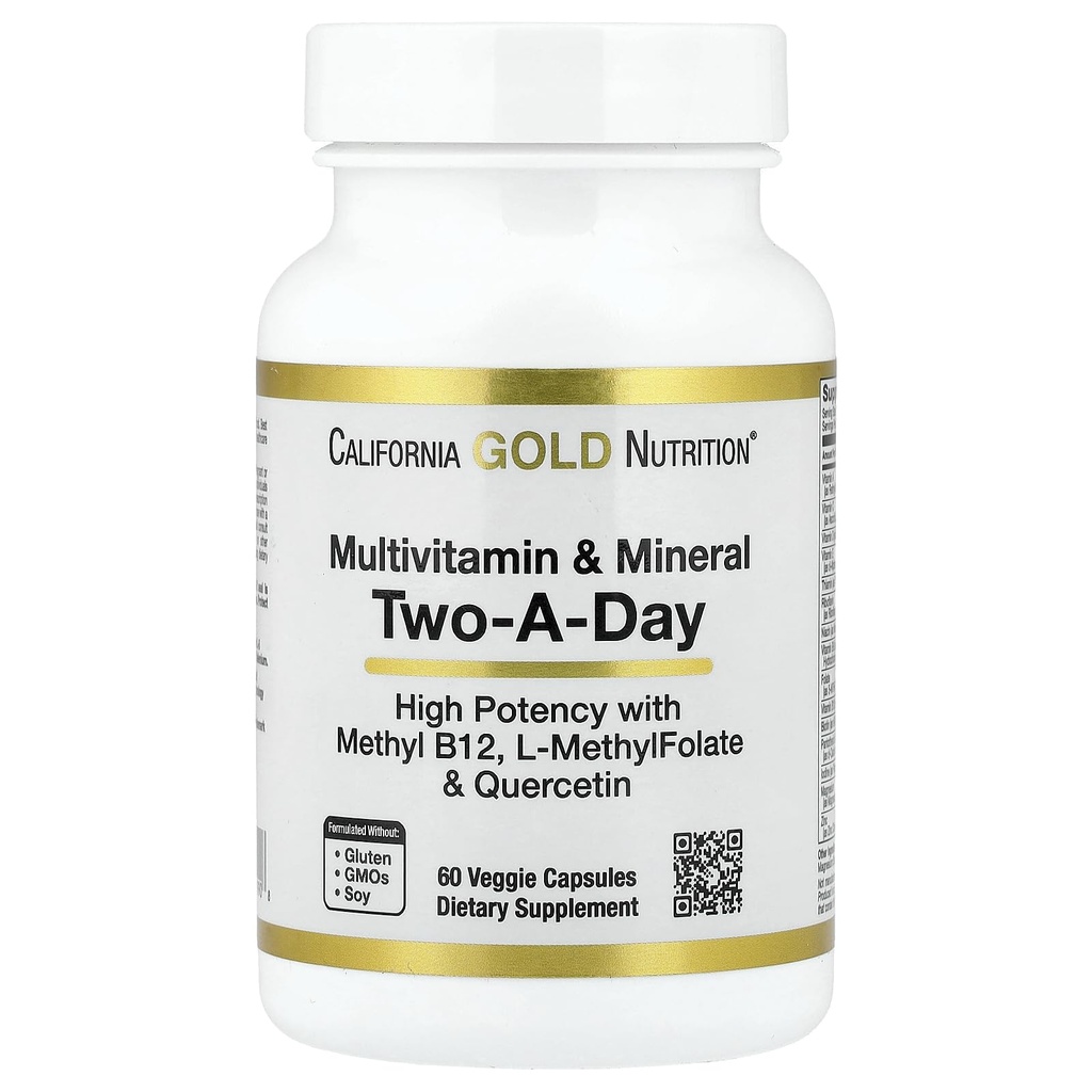 Kalifornia Gold Nutrition Multivitamín a minerály s metyl B12, vitamín C, L-metylfolát a bio-Quercetin, Two-A-Day, 60 Veggie Kapsule