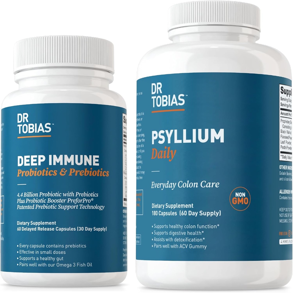 Dr. Tobias Deep Immune Probiotiká & Prebiotiká a Psyllium Denne, podporuje Tráviace zdravie, Gut Immune Funkcia, Denné Fiber Supplement na podporu Colon Health so 4.4. miliarda CFU