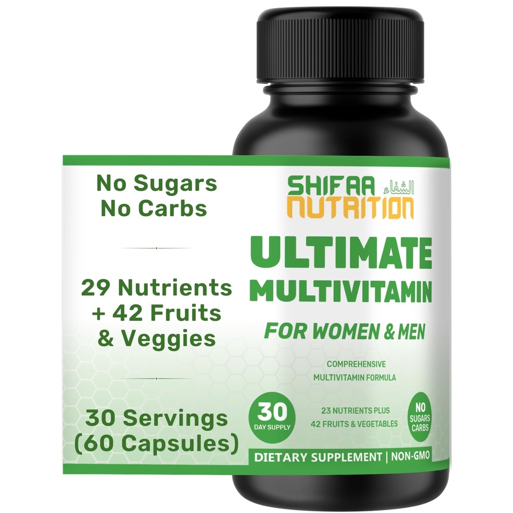 SIFAA NUTRItion Halal Multivitamíny pre ženy, mužov a dospelých, 30 Slúžiace železo, vitamín A, B6, B12, biotín, niacín, C, D3, E, zinok, vápnik, kyselina listová, CoQ10 