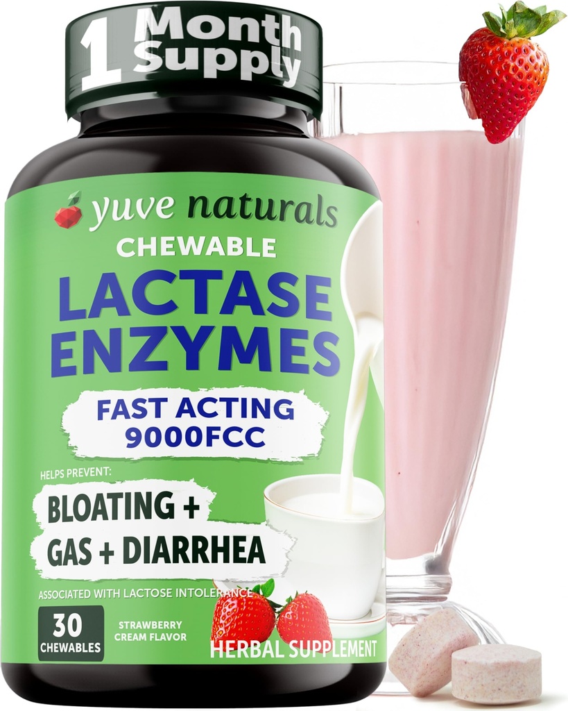 Yuve Natural Fast Acting Dairy Relief Delicious Chewables - Lactase Enzyme 9000 FCC - Rozlúčte sa s Dairy Discomfort z laktózovej intolerancie - Jahodový krém Flavor - 30ct