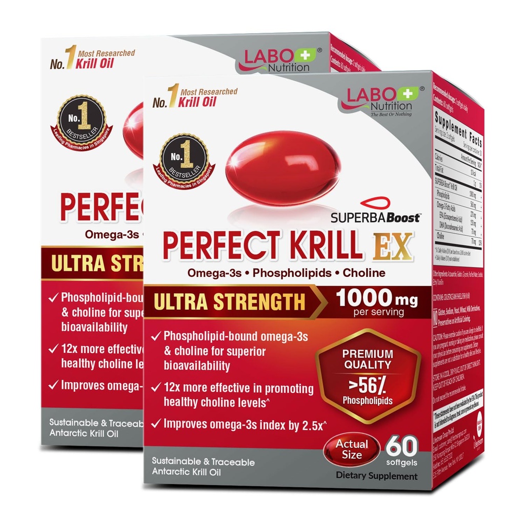LABO Nutrition Perfect Krill EX, 1000mg Antarktída Krill Oil Omega 3 EPA DHA, Highest Fosfolipidy (Over 56%) s Choline, Ast Appendix 