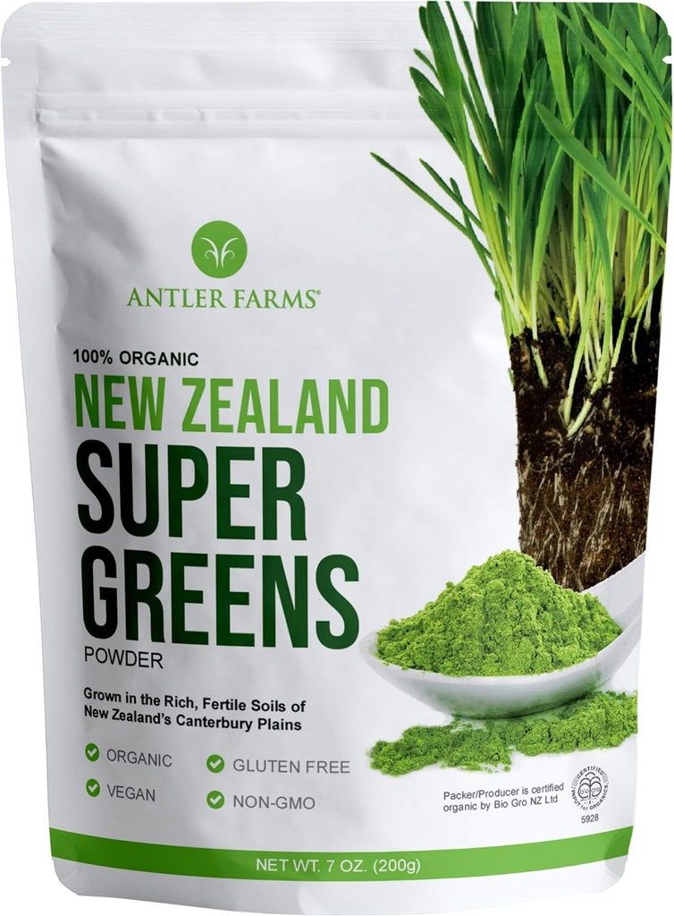 Antler Farmy - 100% Pure Organic New Zealand Super Greens Powder, 40 Servings, 200g - Pšeničná tráva, Jačmeň Tráva, Chlorella, Spirulina - Vegan, Gluten Free, Chlorofyl Rich, pre energiu a Detox