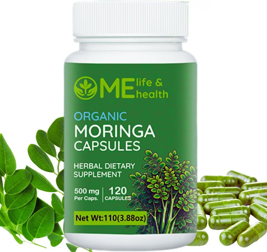 ME LIFE & ZDRAVIE Moringa kapsuly, 100% Organic Moringa oleifera Leaf, Pure Moringa prášok, imunitný systém, Essential Vitamíny a aminokyseliny Non-GMO & Gluten Free, Pure & Natural 120 ct. 500mg caps