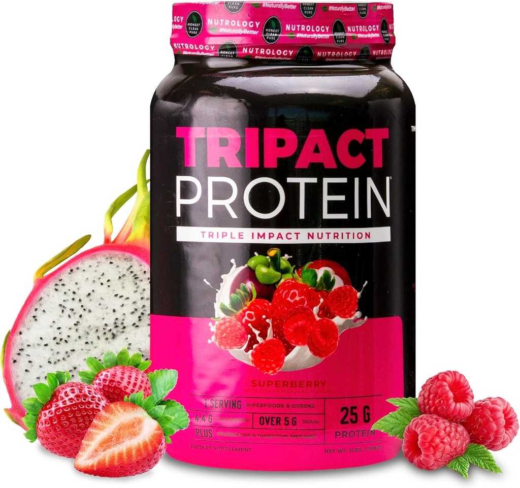 Nutrológia TRIPACT Proteín prášok - 7-v-1 Jedlo Replacement Shake s trávou Fed Swhey Protein Powder, Pea, Rice, Greens for Muscle Recovery & Imunity, Superberry chuť, 40 porcií