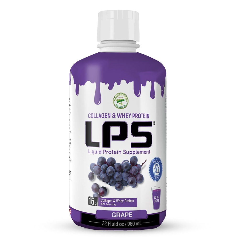 LPS Liquid Collagen & Wheey Protein Supplement - Bezcukrový, bezfarbený, bez GMO nápoj - hydrolyzovaný kolagén a whey Peptidy podporuje zdravú pokožku a vlasy pre mužov a ženy, hrozno, 32 fl oz