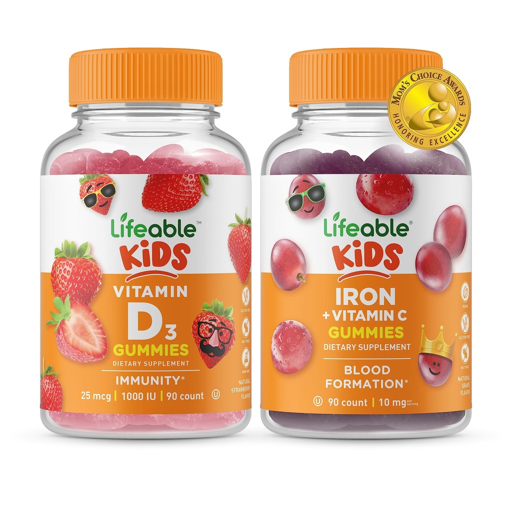 Životaschopné vitamín D Deti + železo a vitamín C Deti, Gummies Bundle - veľké ochutnávky, vitamínové doplnky, bez lepidla, bez GMO, Žuvacia Gumma