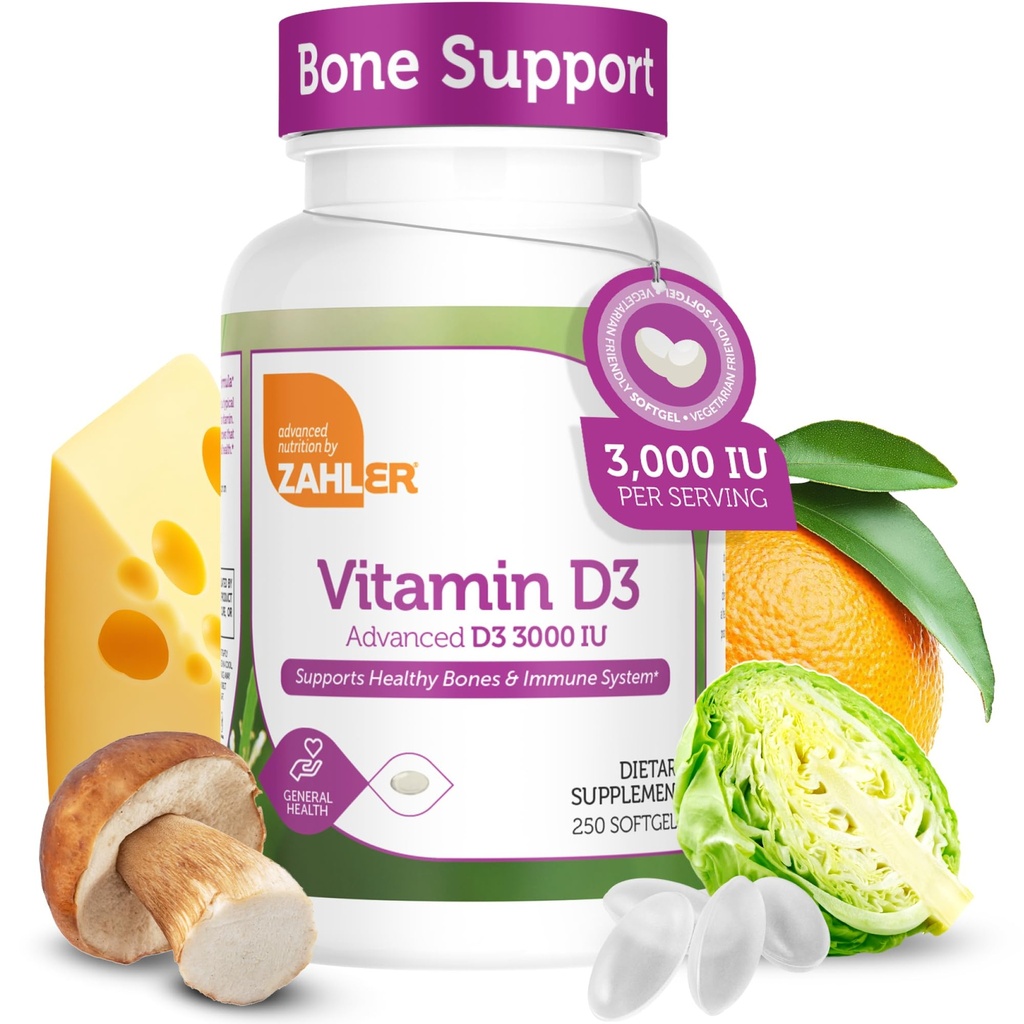 Zahler vitamín D3 3000IU, vitamín D3 doplnok 3 000 IU, certifikovaný Kosher (250 Softgels)
