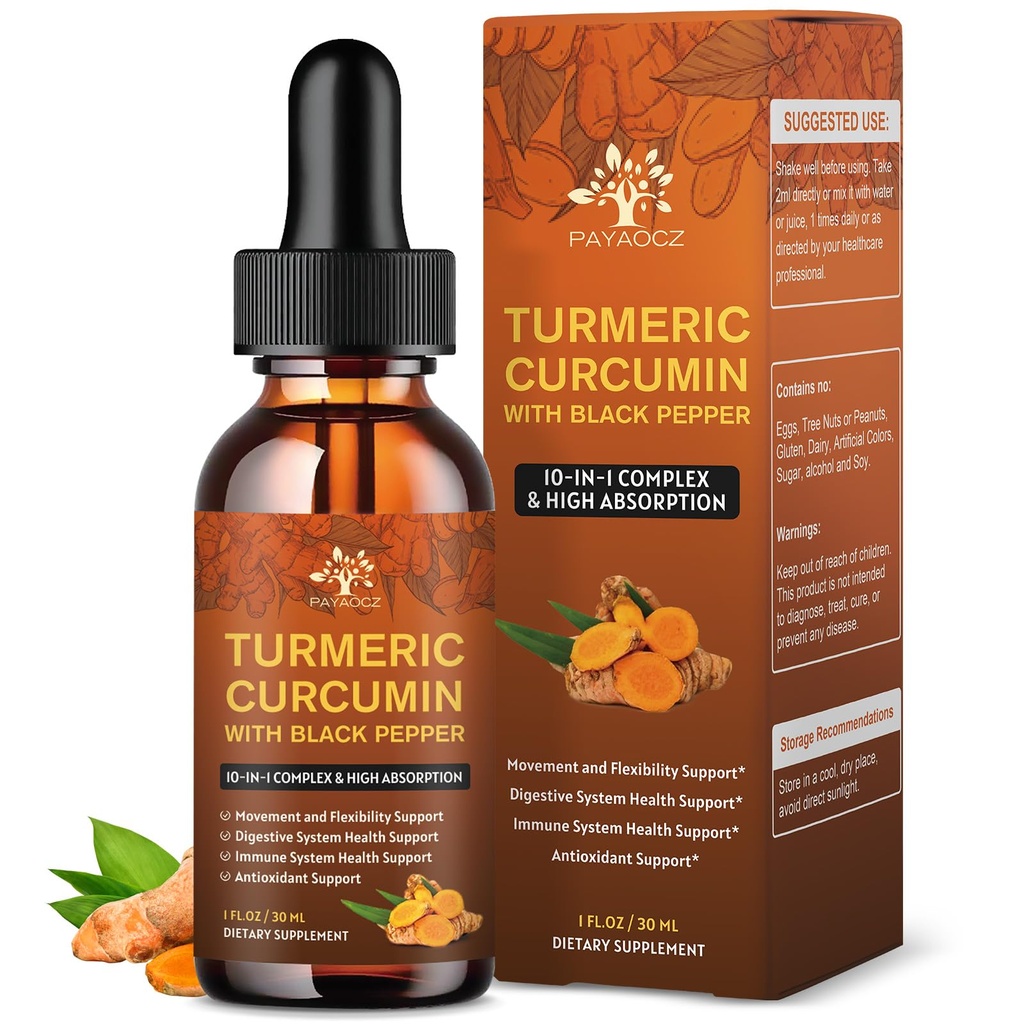 (2 balenia) Organic Turmeric Curcumin Supplement with Black Pepper and Ginger - Liquid Turmeric Extract Drops (s škoricou, rozmarínom) - Mobilita a Flexibilita podpora a trávenie zdravie - 1 Fl Oz
