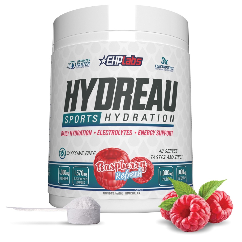 EHP Labs Hydeau Electrolytes Powder No Sugar - Hydration Powder for Endurance & Energy - Electrolyte Powder for Men & Women - Sugar Free Electrolytes - Raspberry Refresh (40 Serves)