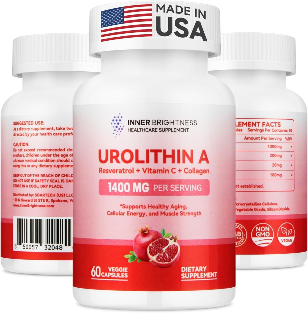 Urolithin A Supplement 1400 MG - Non-GMO, Gluten-Free, Anti-Aging, Cellular Renewal, Muscle Strength, Endurance & Longevity Support, Liposomal Urolithin A, 60 Count